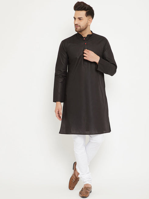 Vastramay Men's Black And White Cotton Kurta Churidar Set